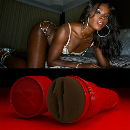 Ana Foxxx in white lingerie on a bed over a close up of her Ricky's Room lady Fleshlight. 